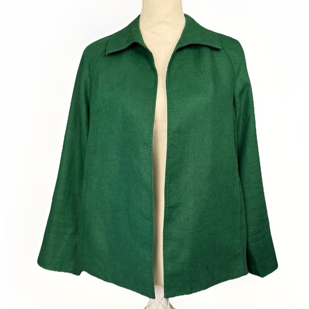 Talbots Irish Linen Jacket LG Open Front Kelly Green Pockets 3/4 Sleeve Career